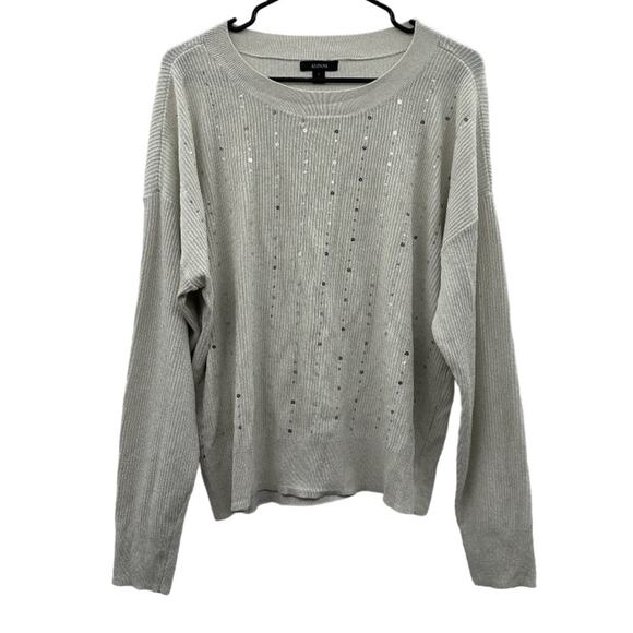 Alfani Gray Silver Sequin Knit Ribbed Long Sleeve Pullover Sweater Size L - Picture 1 of 7